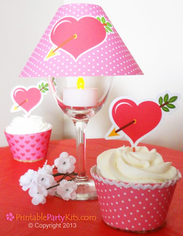 Valentine heart  wineglass lampshade and cupcake toppers